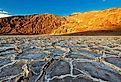 Badwater Basin at sunset in Death Valley National Park, California.