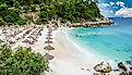 Aerial view of a gorgeous white sand beach in Thassos Island, Greece.