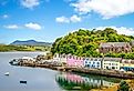 Landscape of the Portree Harbor in Scotland, UK