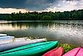 Canoes along the shore of Prettyboy Reservoir in Baltimore, Maryland.