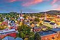 Montpelier, Vermont, USA town skyline at twilight.