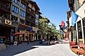 Mammoth Lakes, California - July 12, 2019: View of the Village at Mammoth Lakes, a pedestrain friendly shopping area with restaurants