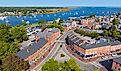 Newburyport historic downtown aerial view on State Street at Water Street, Newburyport, Massachusetts MA, USA. 