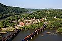 A train rolls across the Shenandoah River in Harpers Ferry, West Virginia.