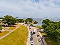 Aerial view of the coast and a road in Plymouth, Massachusetts.