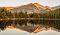 Sunset lake reflection of mountains at Bear Lake in Rocky Mountain National Park, Colorado. 