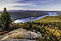 Aerial view of Lake George and the Tongue Mountain Range seen from a lookout on Black Mountain in the Adirondack Mountains of New York.