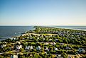 Aerial drone photo of Duck North Carolina a coastal beach town.