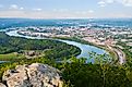 Aerial view of the downtown Chattanooga, Tennessee and the Tennessee River. 