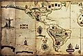 Antique world map of Spanish and Portuguese maritime and colonial empire. Created by Antonio Sanches, published in Portugal, 1623