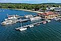 Boats docked on the piers at the Riviera in Lake Geneva, Wisconsin.