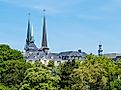 The spires of a Catholic church in Luxembourg. 