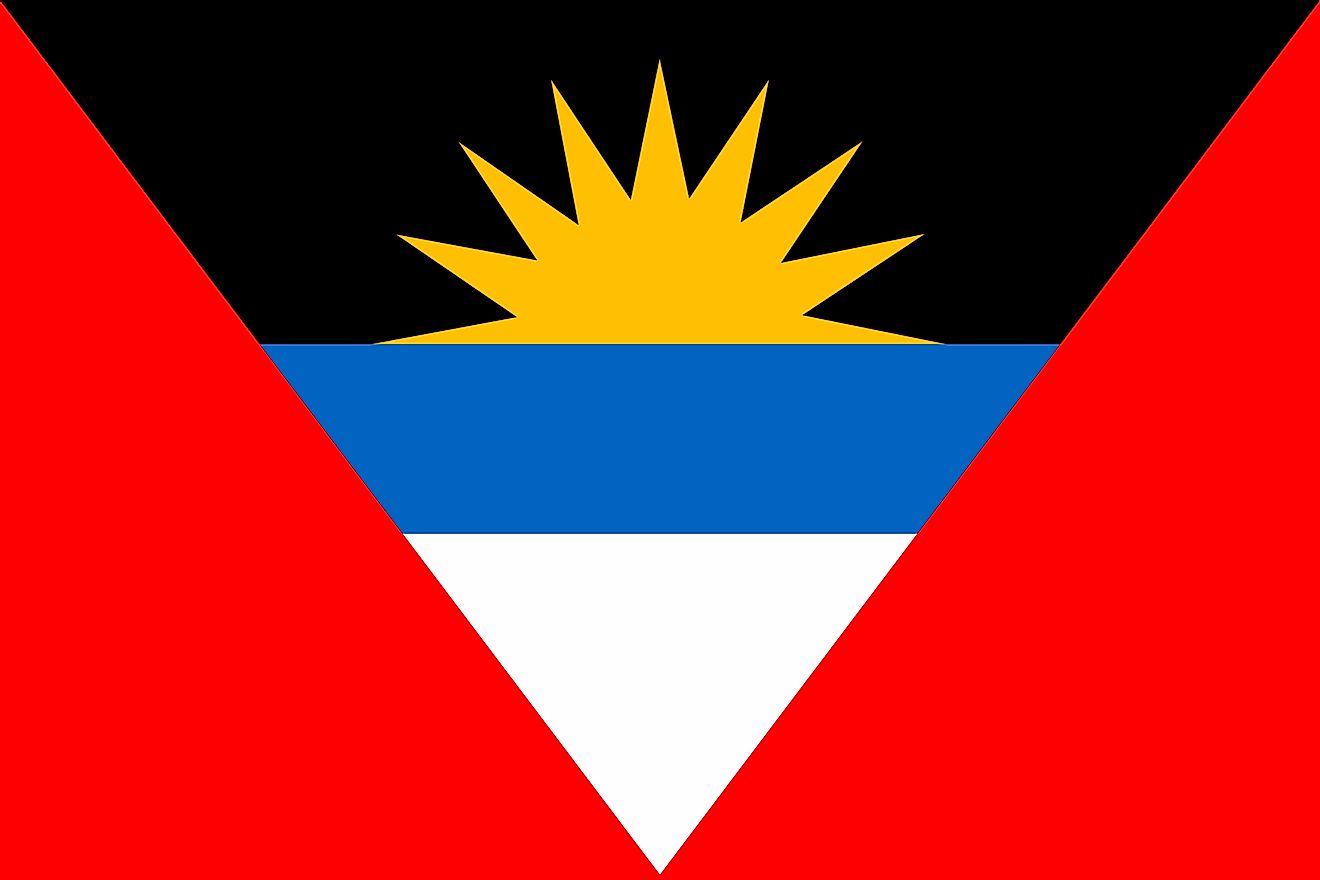 The national flag of Antigua and Barbuda is designed as a horizontal rectangle and its background is segmented into three inverted triangles.