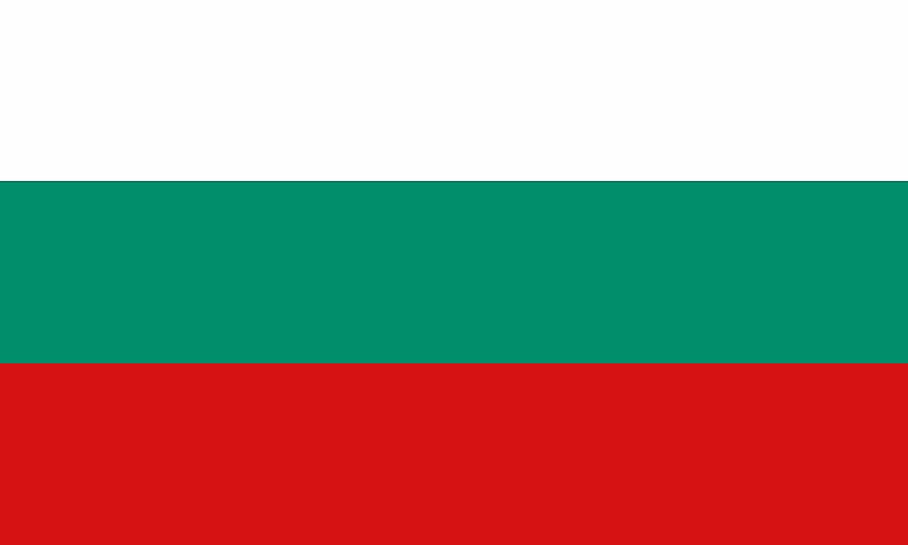 The National Flag of Bulgaria is a tricolor featuring three equal horizontal bands of white (top), green, and red.