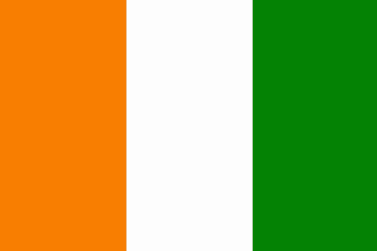 The National Flag of  Cote d'Ivoire (Ivory Coast) is a vertical tricolor featuring three equal vertical bands of orange (hoist side), white, and green.