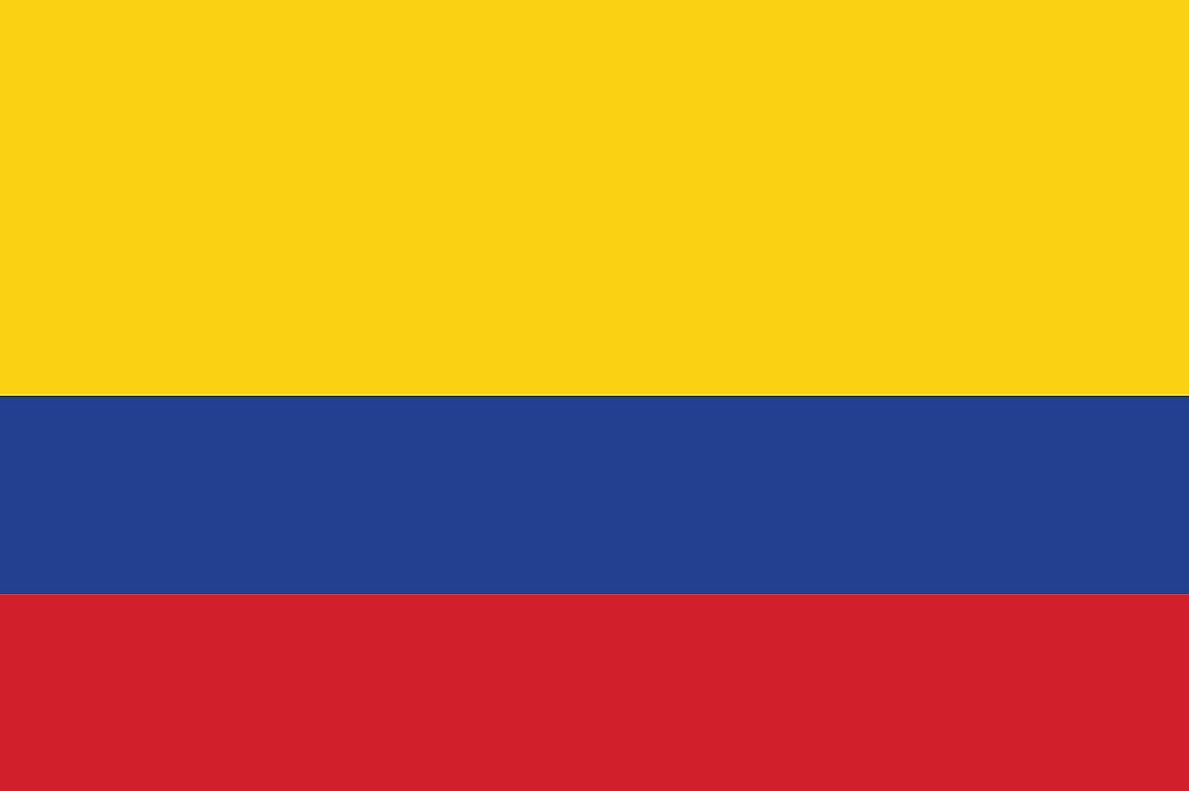 The National Flag of Colombia features three horizontal bands of yellow (top, double-width), blue, and red.