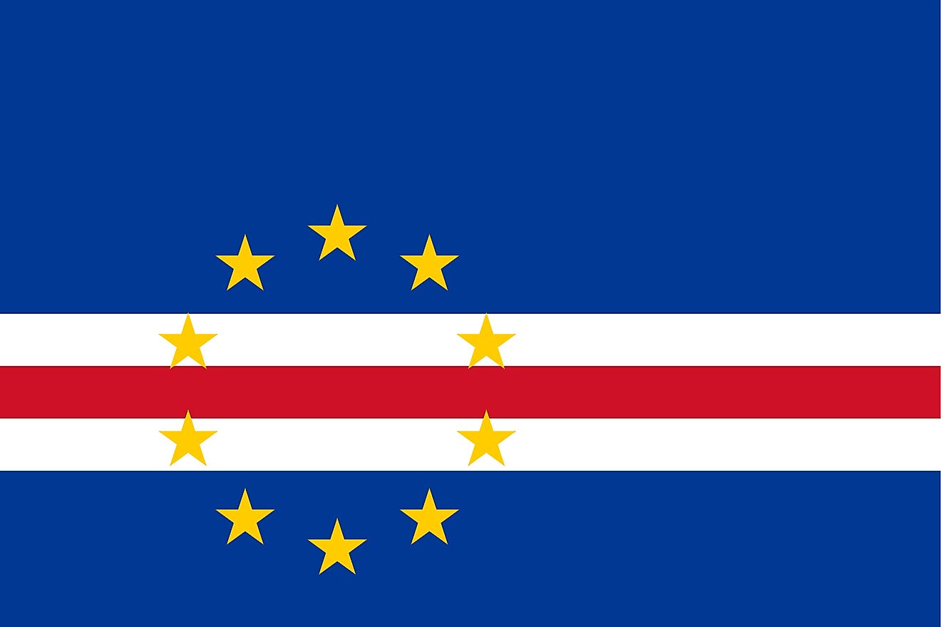 The National Flag of Cape Verde features five unequal horizontal bands of the colors blue, white and red with a ring of 10 yellow stars which is set-off in the center towards the hoist.