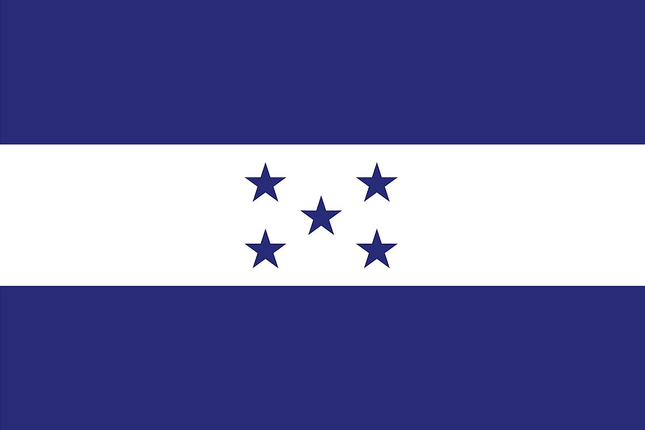 The national flag of Honduras is a tricolor horizontal flag of white sandwiched between two blue bands with five stars centered on white