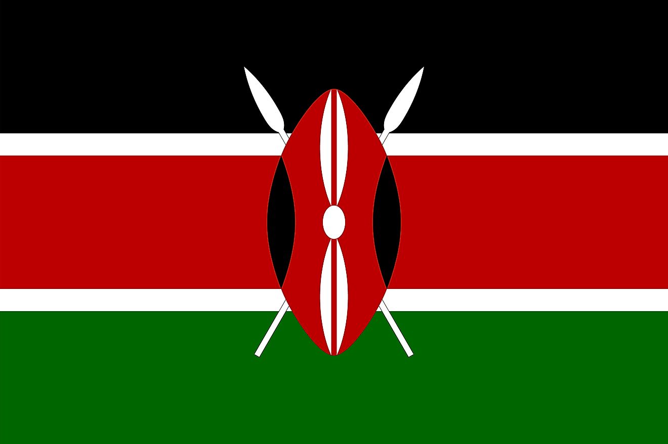 The flag of Kenya is a tricolor flag of black (top), red, and green horizontal bands separated from each other by two white stripes, with a traditional shield covering crossed spears.