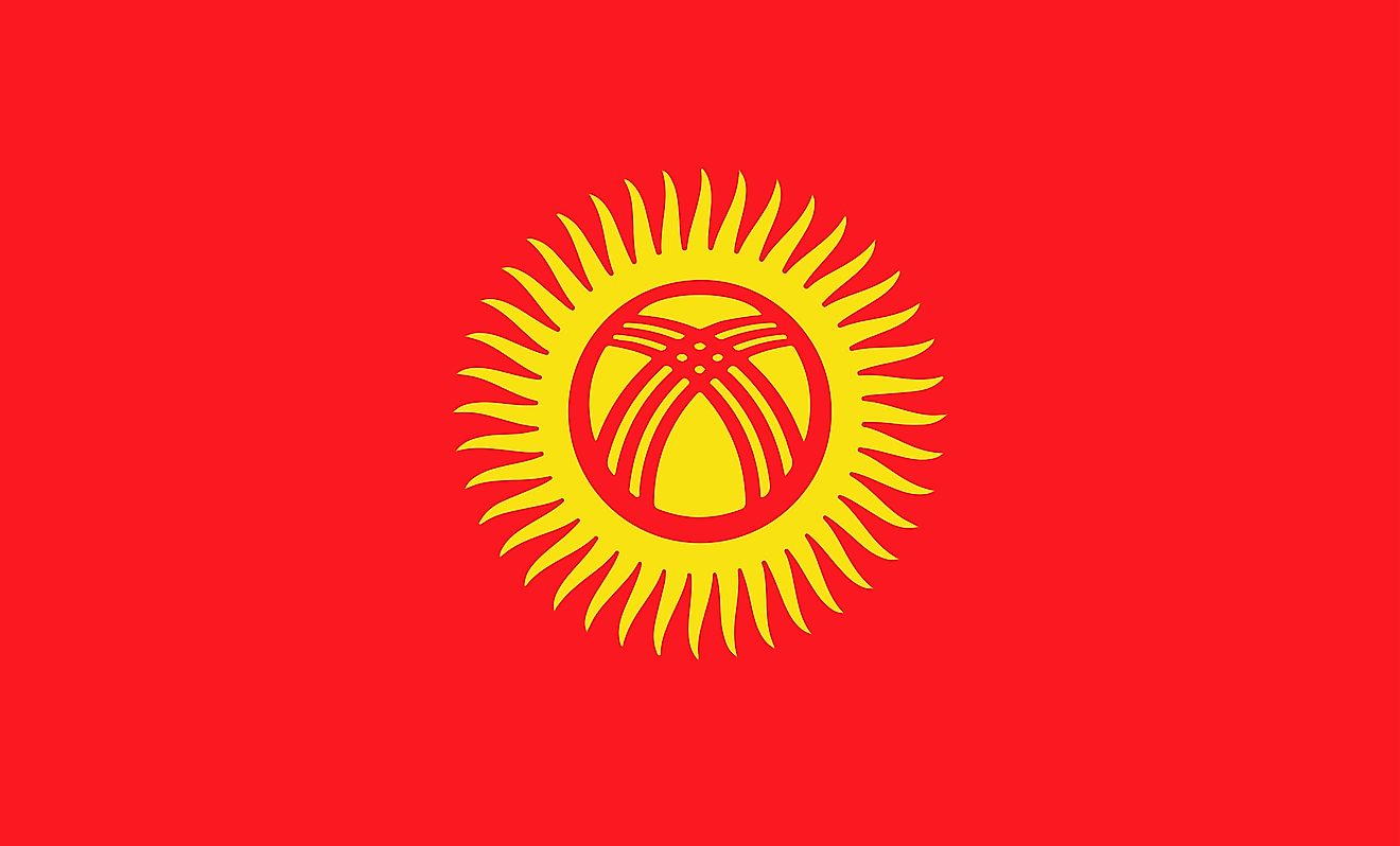 The National flag of Kyrgyzstan features A red field with a yellow sun in the center having 40 rays.