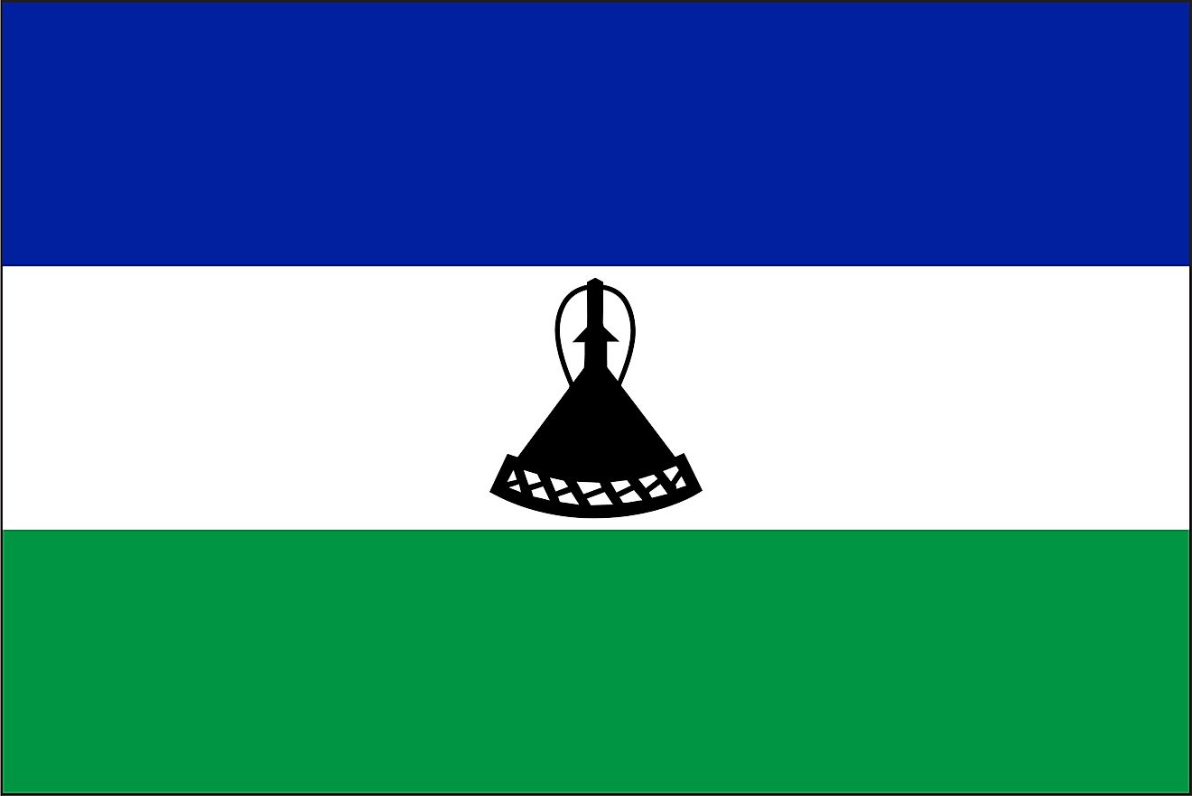 The national flag of Lesotho consists of three horizontal bands of blue (top), white, and green, and a black Basotho hat centered on white. 