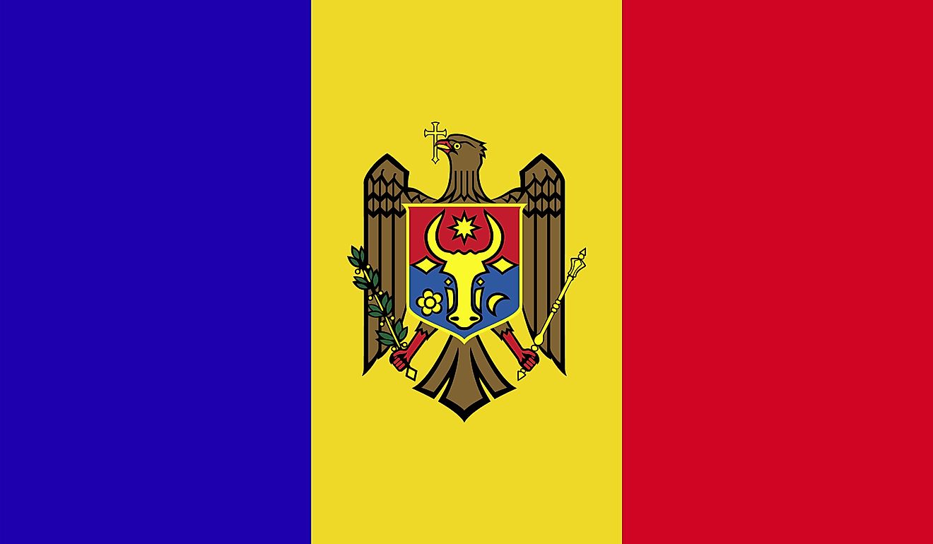 The flag of Moldova is a tricolor flag of Prussian blue (hoist), chrome yellow, and vermilion red equal vertical bands with the national coat of arms centered on yellow.