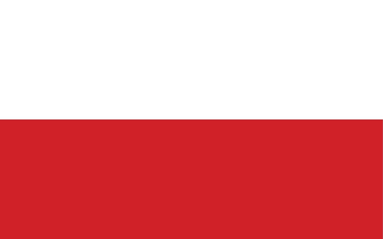 The National Flag of Poland features two equal horizontal bands of white (top) and red. 