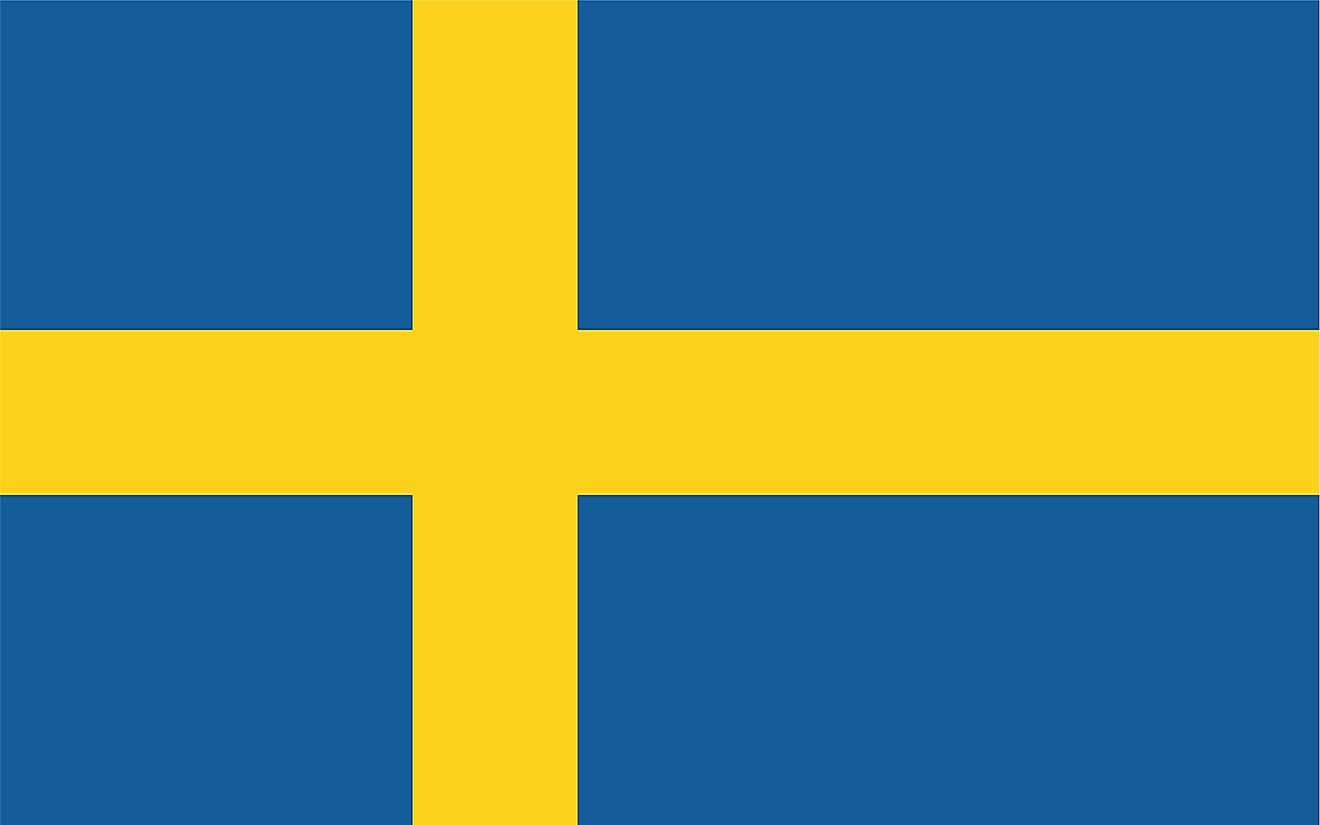 The National Flag of Sweden features a blue background with a golden yellow Nordic or Scandinavian cross extending to the edges of the flag. 