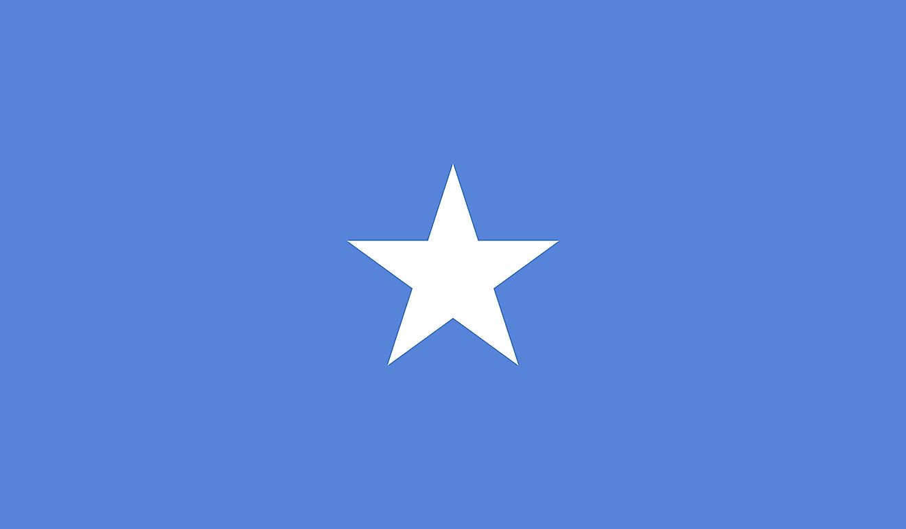 The National Flag of Somalia is rectangular shaped and features a light blue background with a large white five-pointed star ("Star of Unity") in the center. 