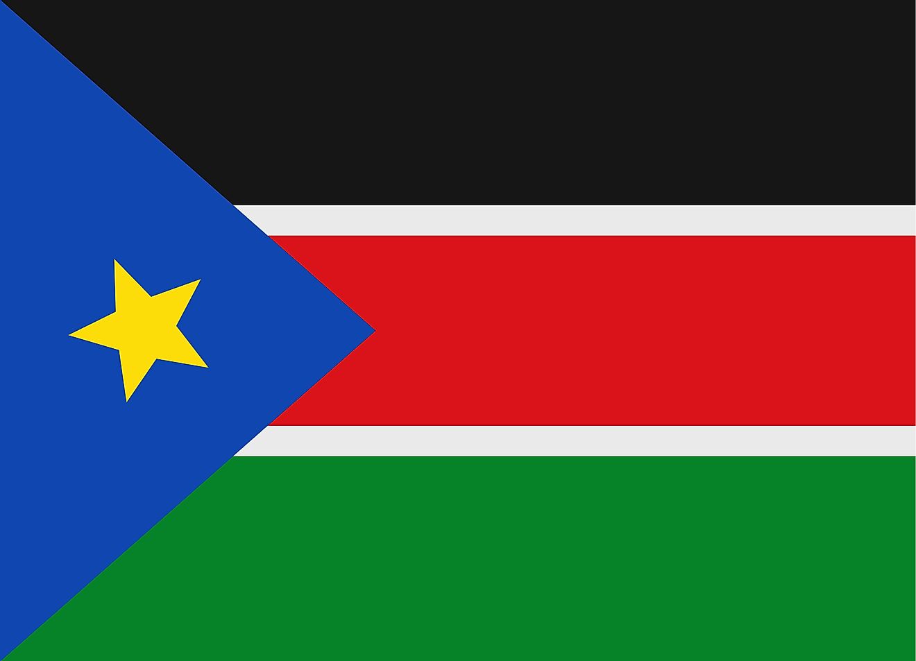 The National Flag of South Sudan featured three equal horizontal bands of black (top), red, and green. The red band is edged in white and a blue isosceles triangle is based on the hoist side of the flag containing a gold, five-pointed star. 