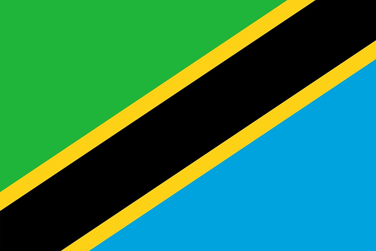 The National Flag of Tanzania is divided diagonally by a yellow-edged black band from the lower hoist-side corner; with the upper triangle (hoist side) being green and the lower triangle being blue.