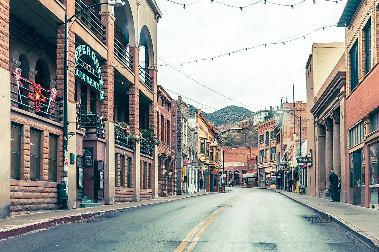 Rustic buildings lined along a street in Bisbee, Arizona. Editorial credit: melissamn / Shutterstock.com