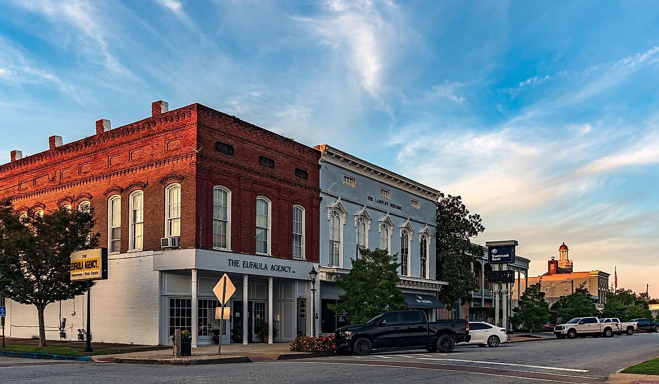 Buildings in the historic district of downtown Eufaula at sunset. Editorial credit: JNix / Shutterstock.com
