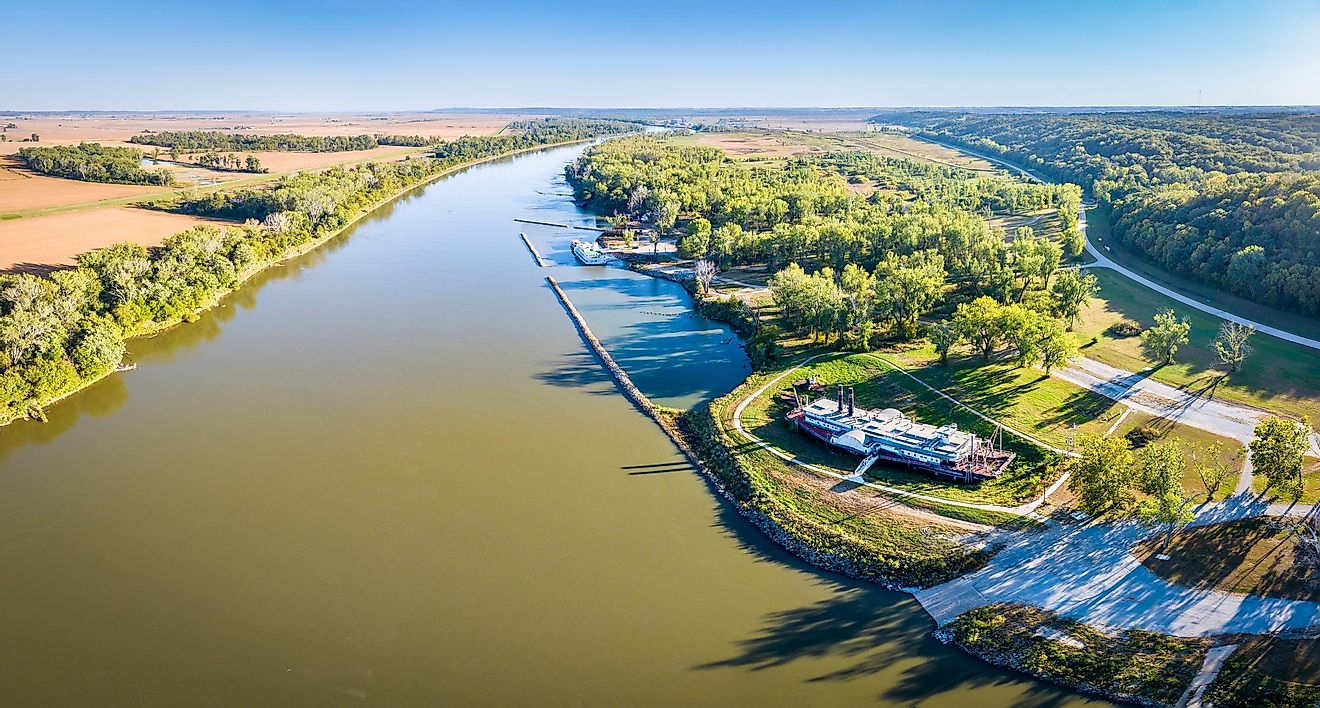 Aerial view of the Missouri River in Brownville, Nebraska.