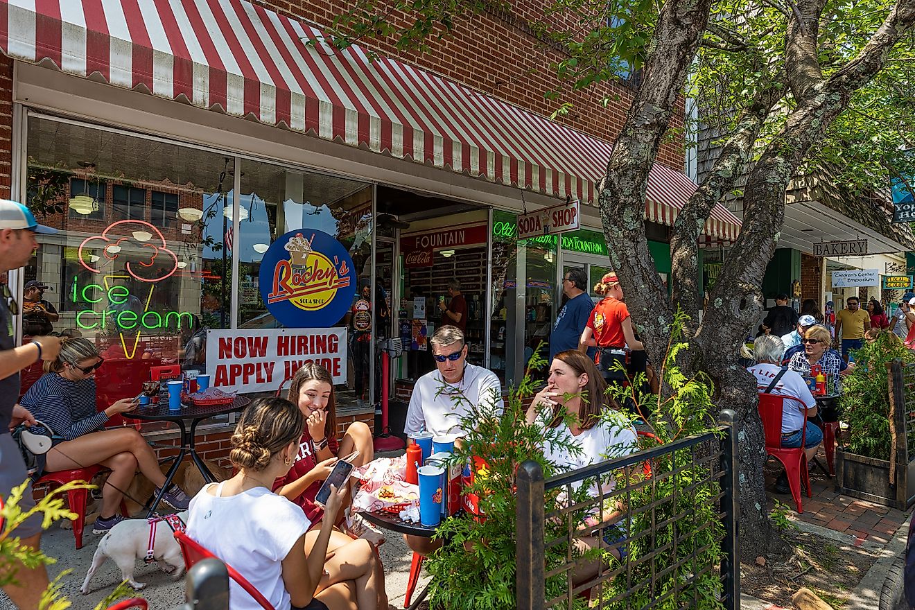 Tourists and residents mingling in downtown Brevard, North Carolina. Editorial credit: Dee Browning / Shutterstock.com