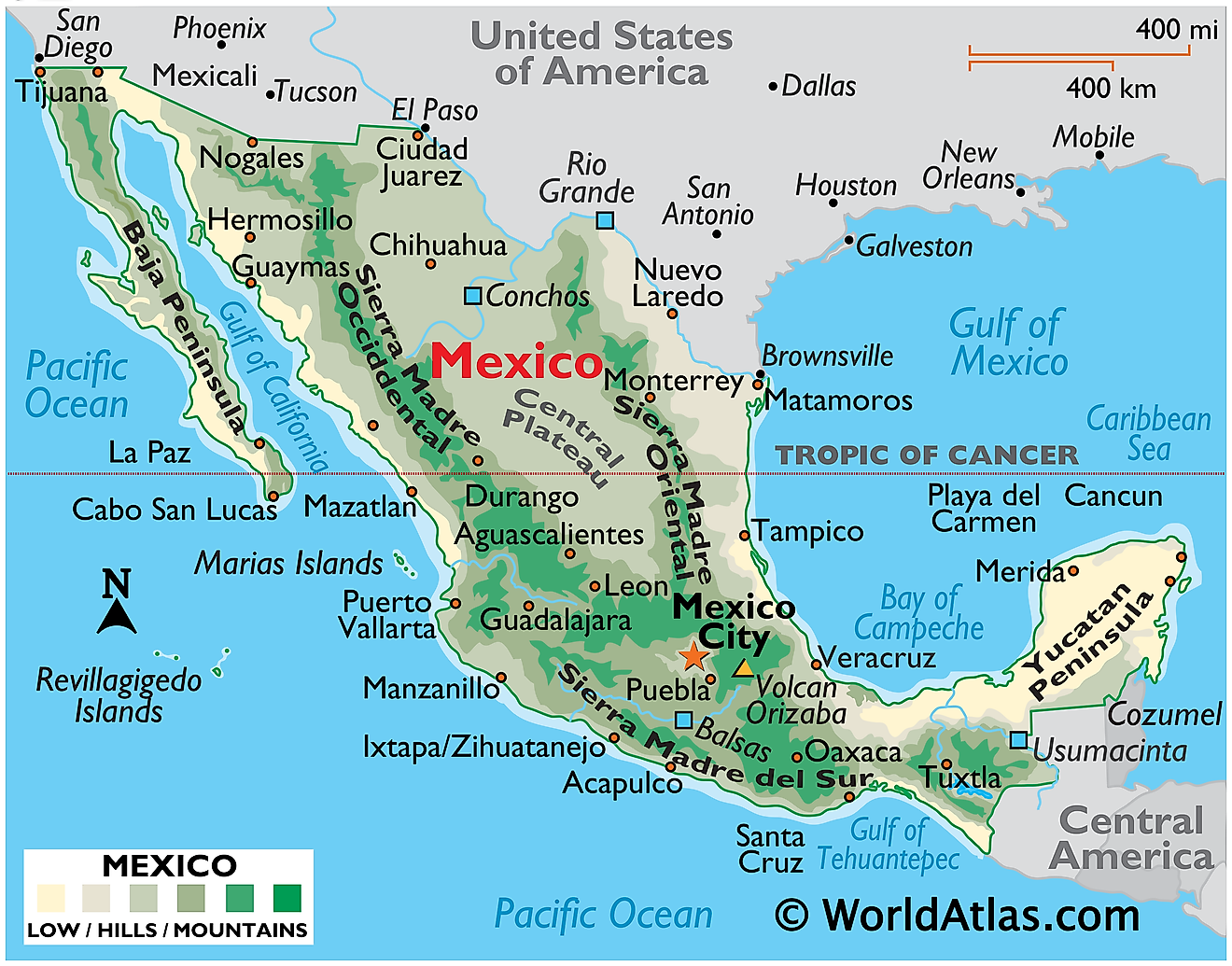 Physical Map of Mexico showing relief, major mountain ranges, the Yucatan Peninsula, Baja Peninsula, volcanoes, major cities, islands, international borders, and more.