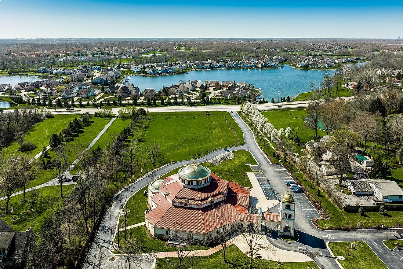 Spring aerial view of St. George Orthodox Church in Fishers, Indiana, USA. Editorial credit: Ted Alexander Somerville / Shutterstock.com