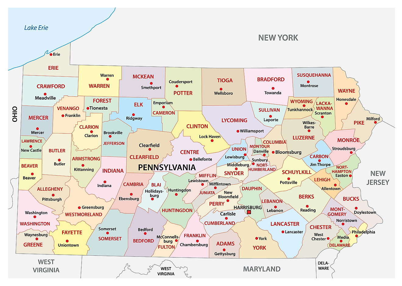 خريطة إدارية لولاية بنسلفانيا تظهر مقاطعاتها الـ 67 والعاصمة هاريسبرج
