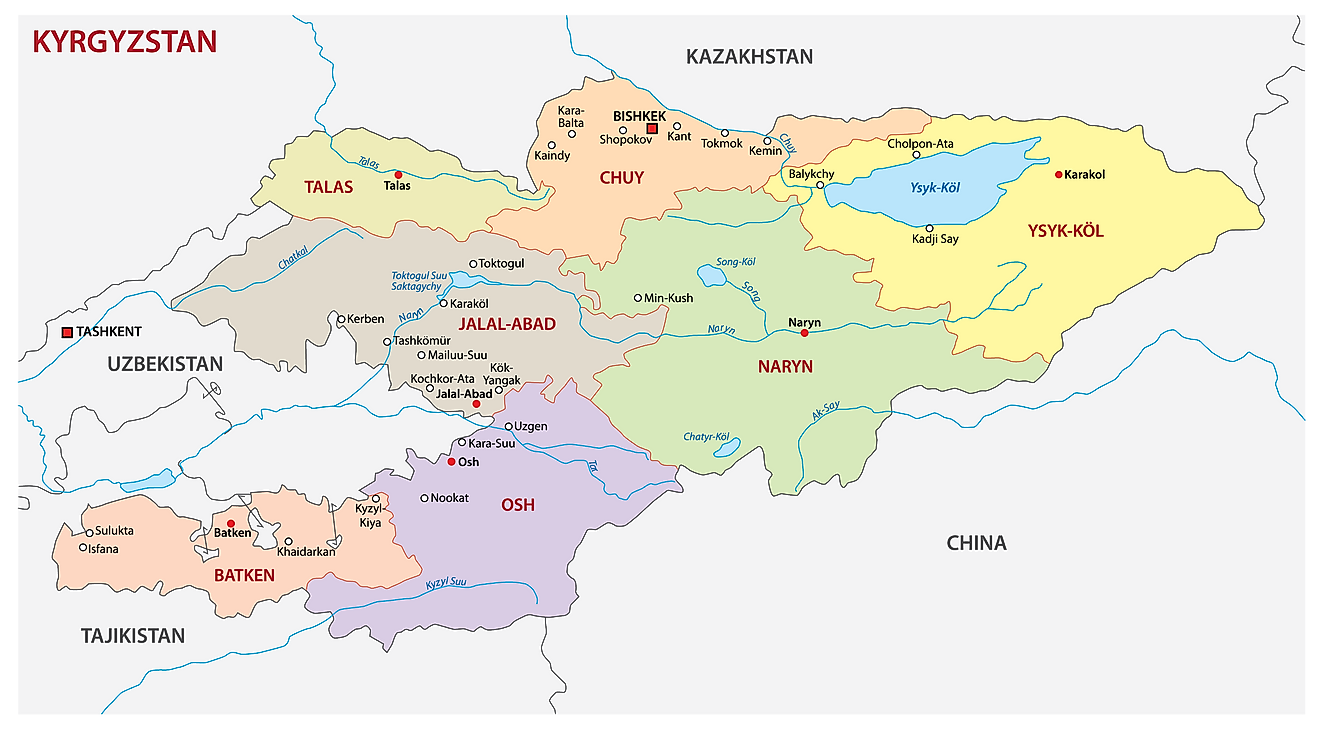 Political Map of Kyrgyzstan showing the 7 regions, their capital cities, and the national capital of Bishkek.