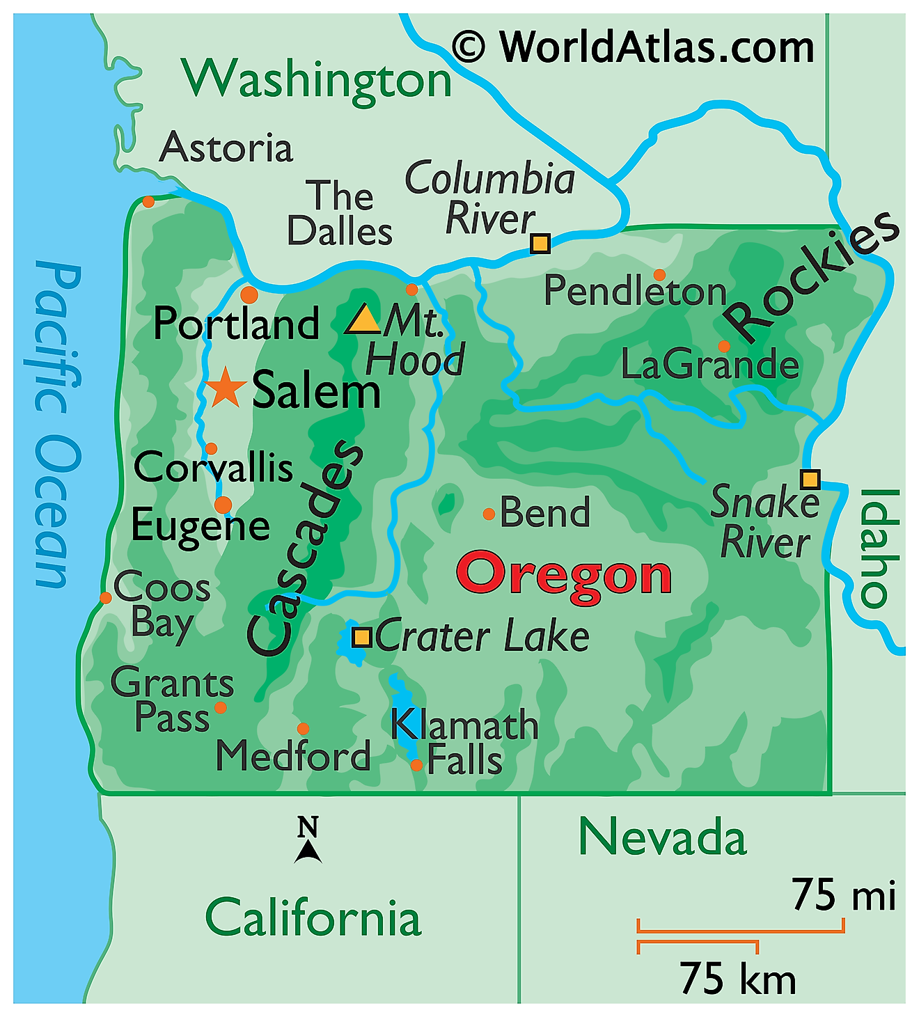 Physical Map of Oregon. It shows the physical features of Oregon including its mountain ranges, plateaus, rivers and major lakes. 