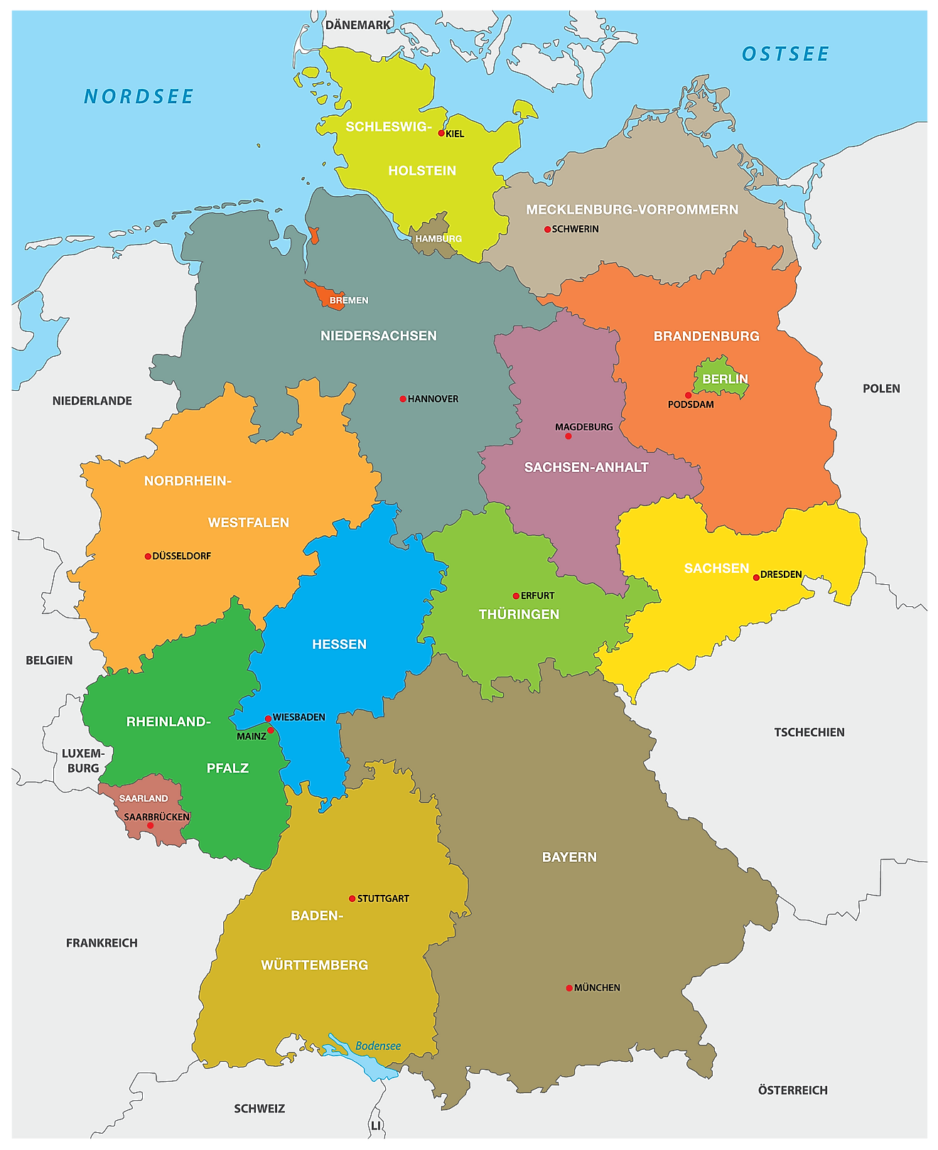 Mapa político de Alemania que muestra sus 16 estados y la ciudad capital de Berlín.