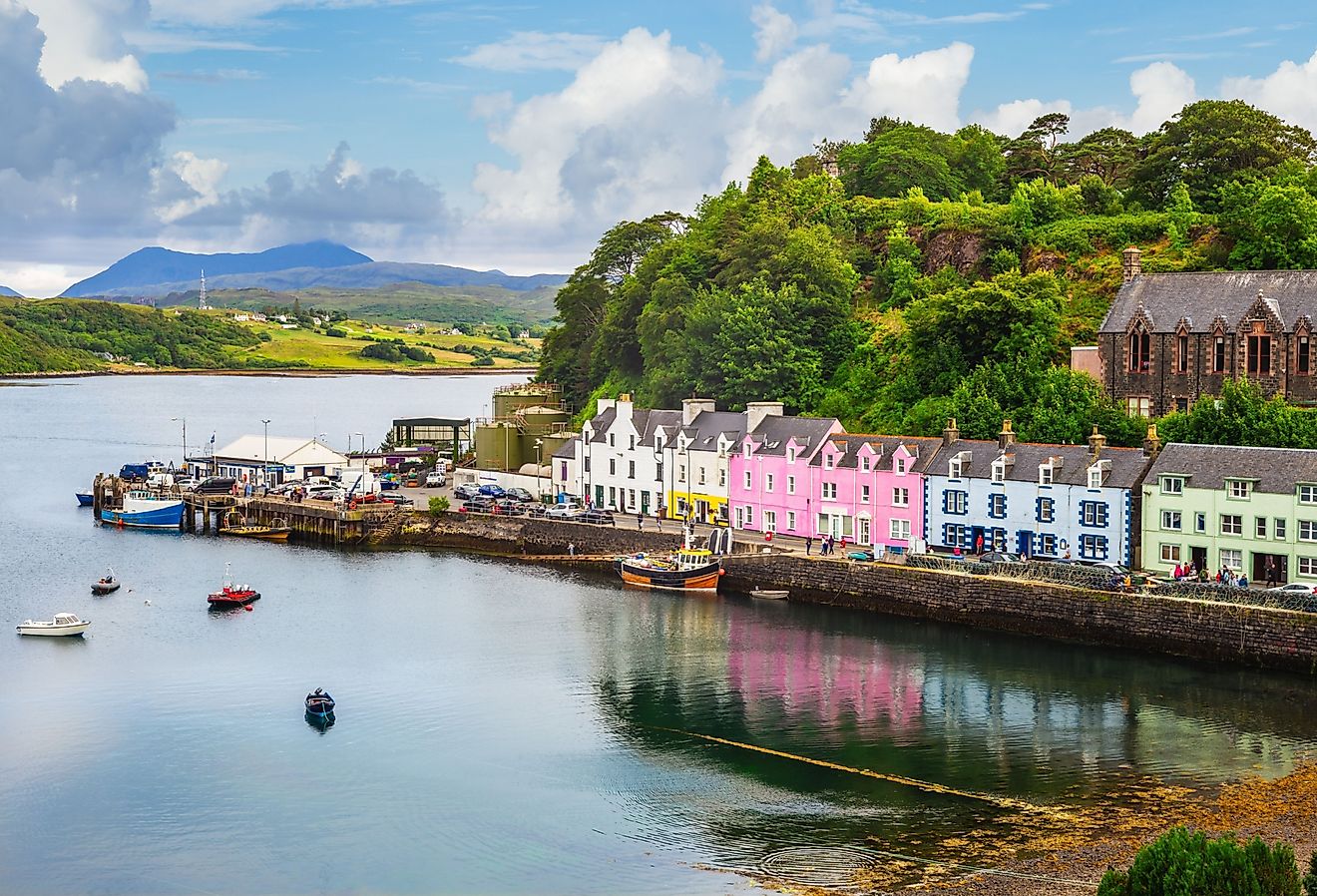 View of the Portree Harbor in Portree, Scotland.