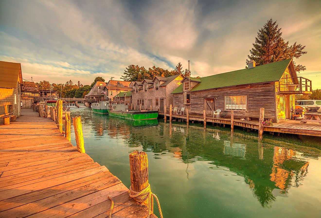 Sunset on Fishtown in Leland, Michigan.