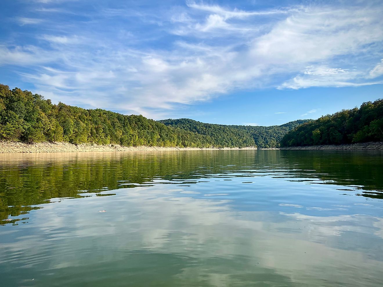 A perfect day on Lake Cumberland, with clear blue skies, calm waters, and scenic tree-lined shores