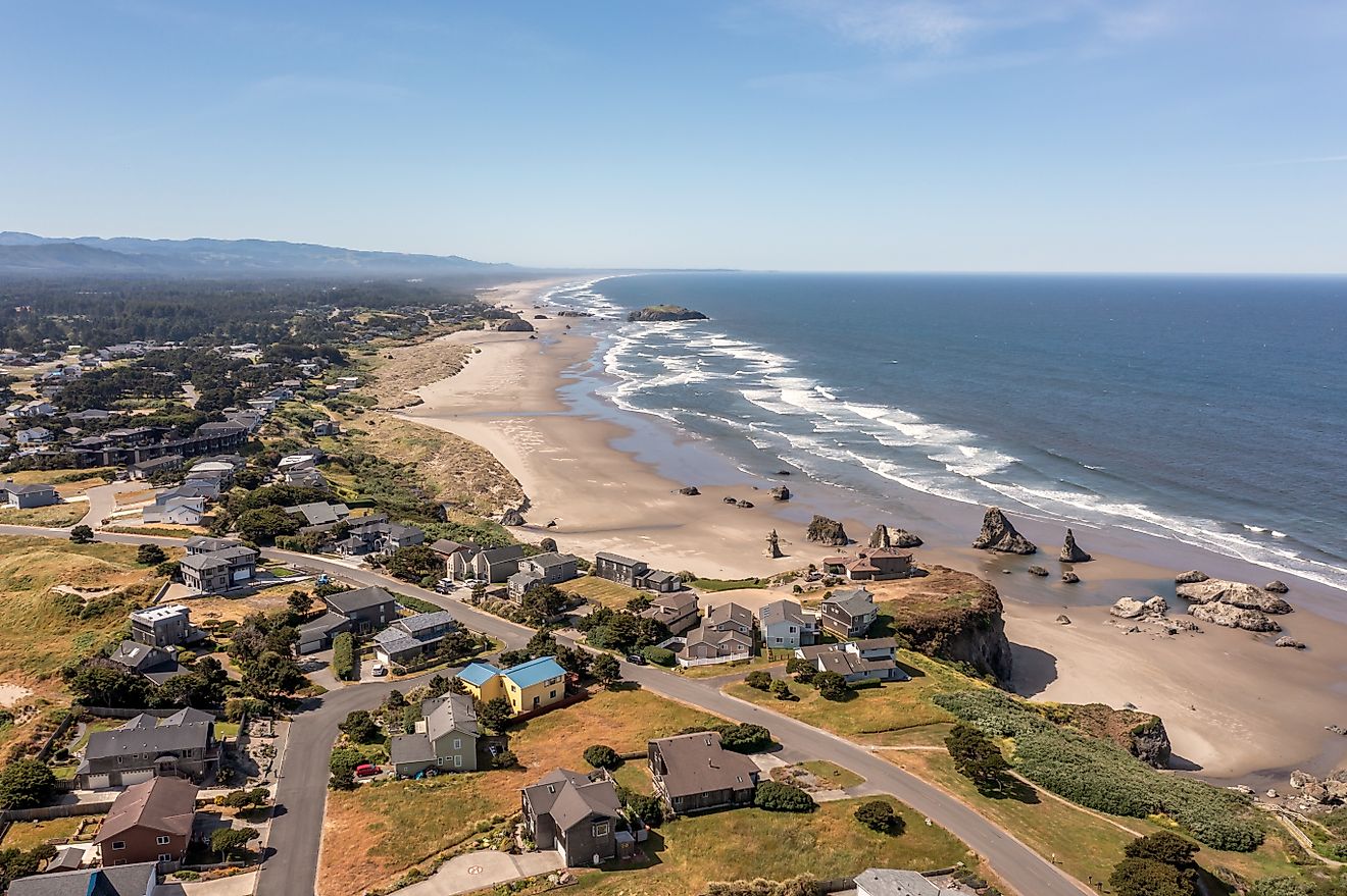 Aerial View of homes on the bluff in Bandon, Oregon, during a beautiful summer day.