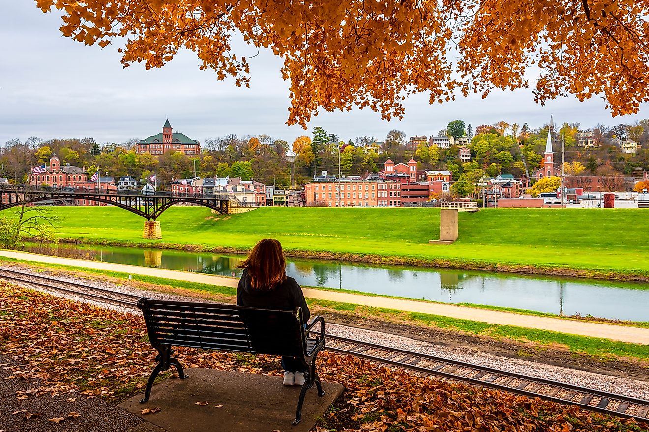 Autumn view of Grant Park in Galena, Illinois, with vibrant fall foliage and the historic town in the background.