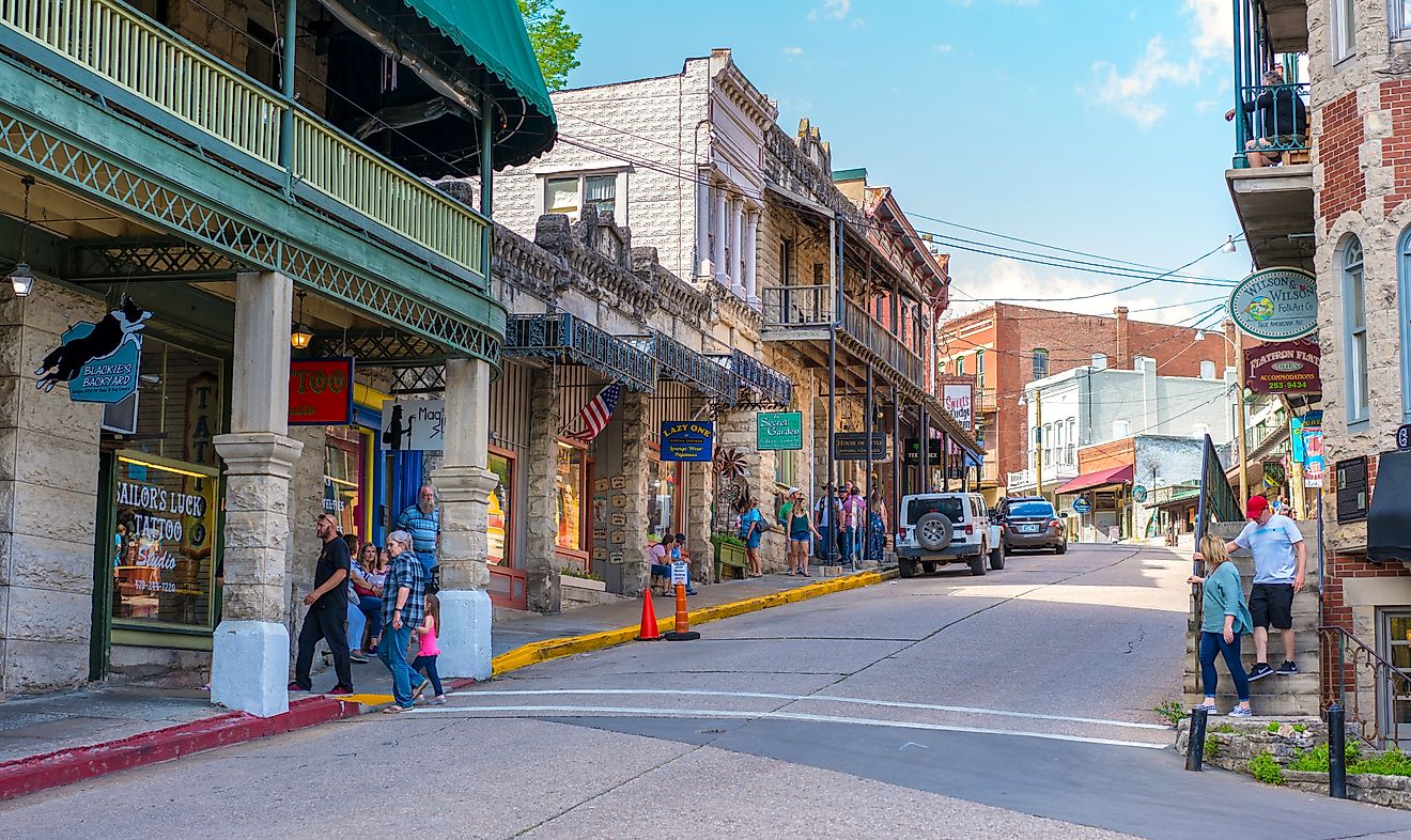 Beautiful street view of downtown Eureka Springs, Arkansas. Editorial credit: shuttersv / Shutterstock.com.