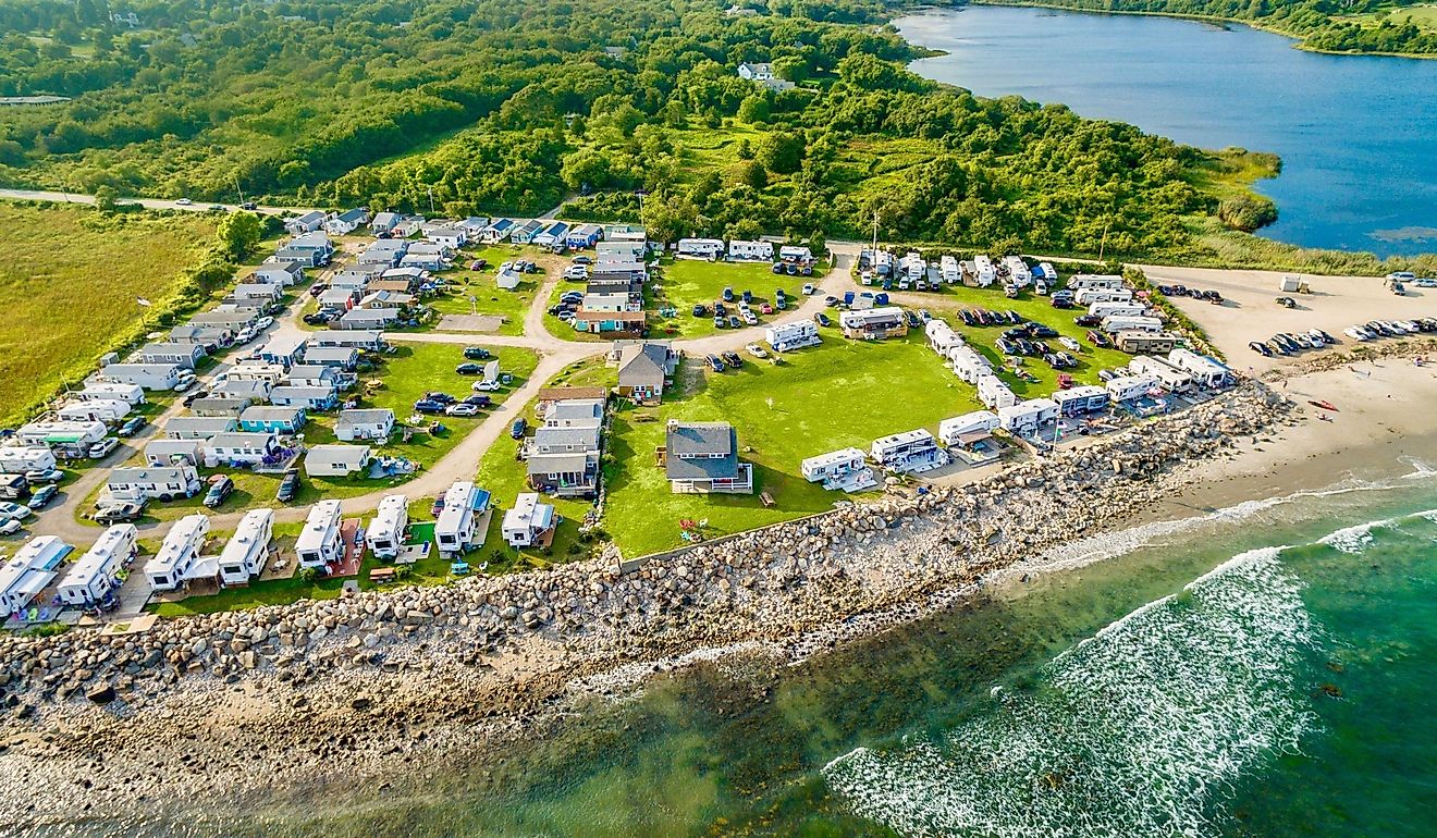 An aerial view of the beachfront campground in Little Compton, Rhode Island.
