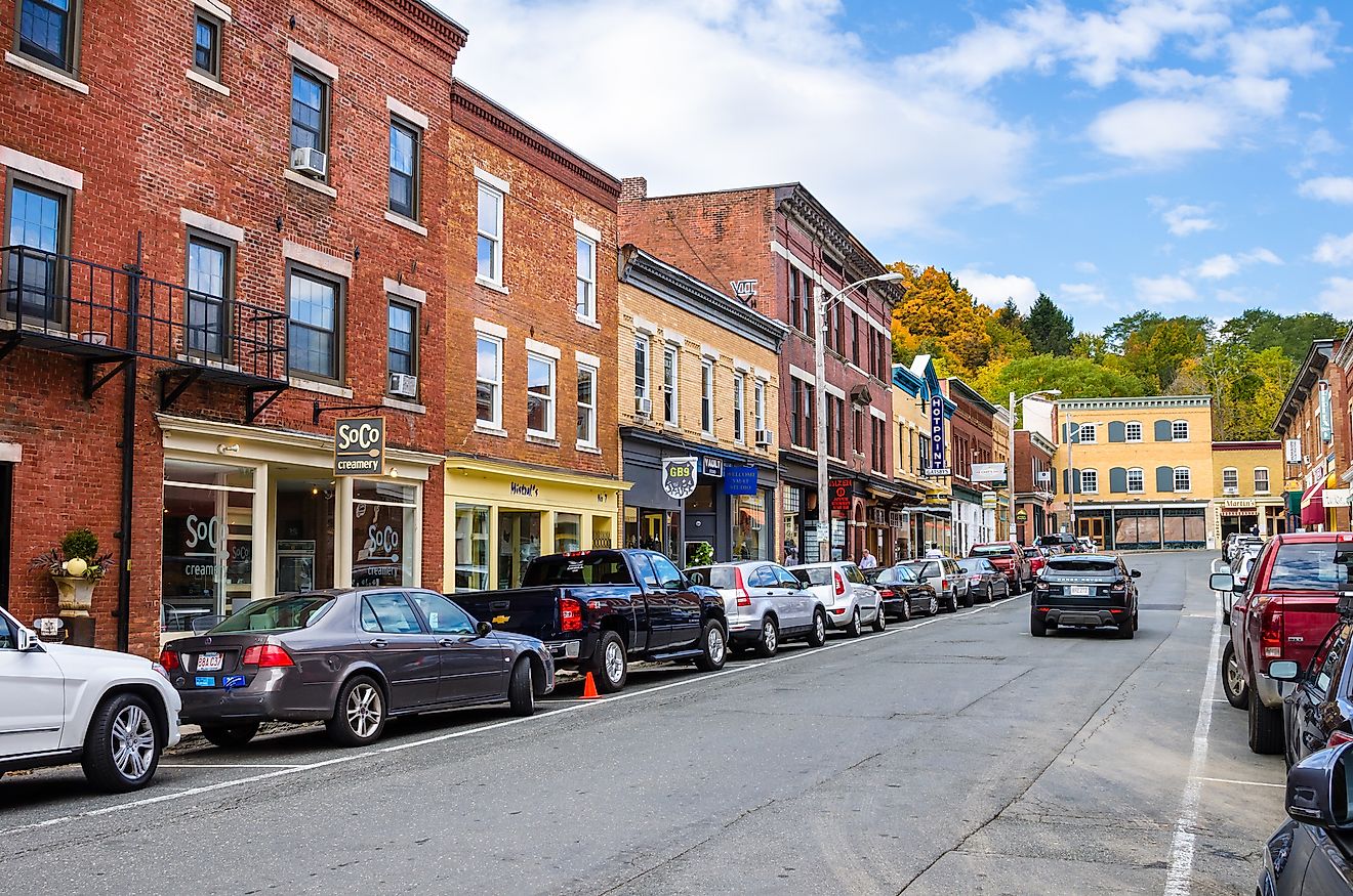 Railroad Street lined with traditional brick buildings in Great Barrington, Massachusetts. Editorial credit: Albert Pego / Shutterstock.com