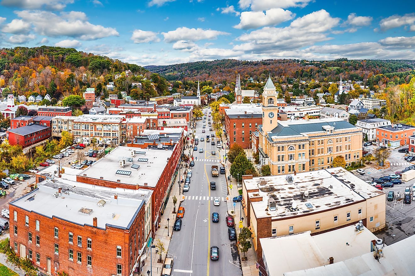 Aerial view of Montpelier, Vermont, cityscape along Main Street on a sunny day with fall foliage colors. Montpelier is the state capital and county seat of Washington County.